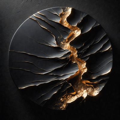 The primary subject of the image is a circular object with a cracked and damaged appearance. The setting is a dark room, and the visual style is a combination of photo and digital art. The colors and mood of the image are predominantly dark and moody, with the circular object being the main focus.